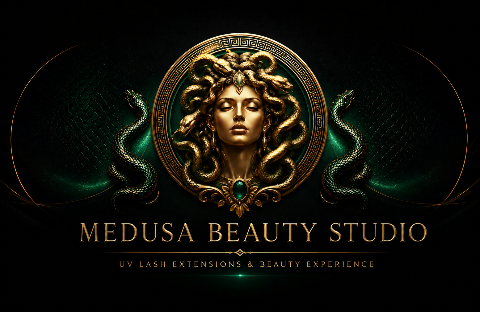 Medusa Beauty Studio gold and emerald crest framed by two serpents